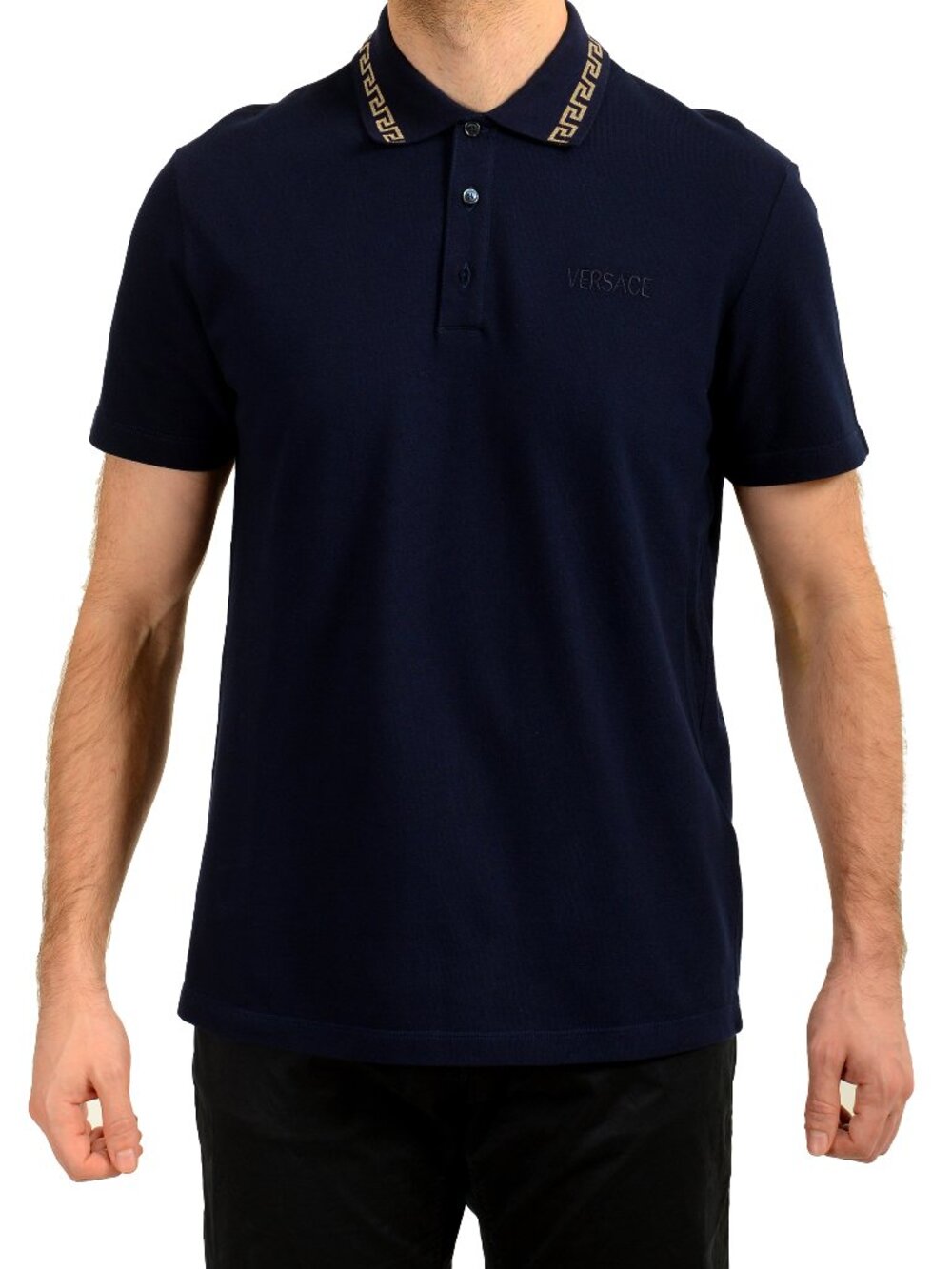 Versace Men's Gold Embroidery Navy Blue Short Sleeve Polo Shirt US 3XL IT 58